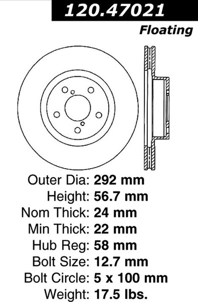 Centric Premium Front Pair Brake Rotors 2013-2015 Subaru BRZ [292mm Front Disc]- 120.47021 - (2015 2014 2013)