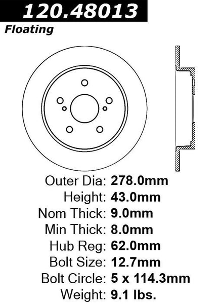 Centric Premium Rear Pair Brake Rotors 2012-2012 Suzuki SX4 - 120.48013 - (2012)