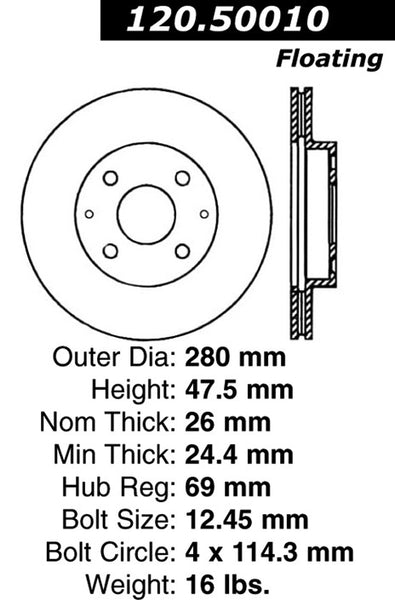 Centric Premium Front Pair Brake Rotors 2006-2006 Kia OPTIMA [4 Lug]- 120.50010 - (2006)