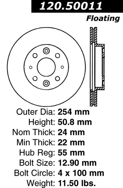 Centric Premium Front Pair Brake Rotors 2003-2005 Kia RIO - 120.50011 - (2005 2004 2003)