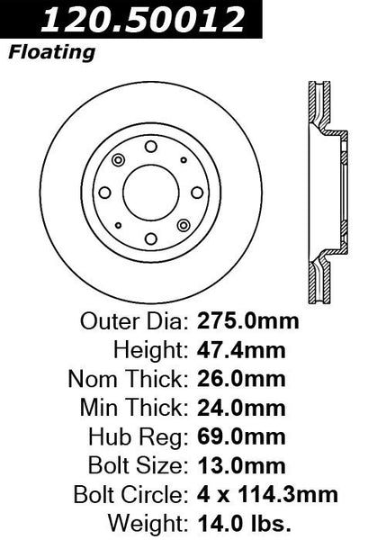 Centric Premium Front Pair Brake Rotors 2005-2009 Kia SPECTRA5 - 120.50012 - (2009 2008 2007 2006 2005)