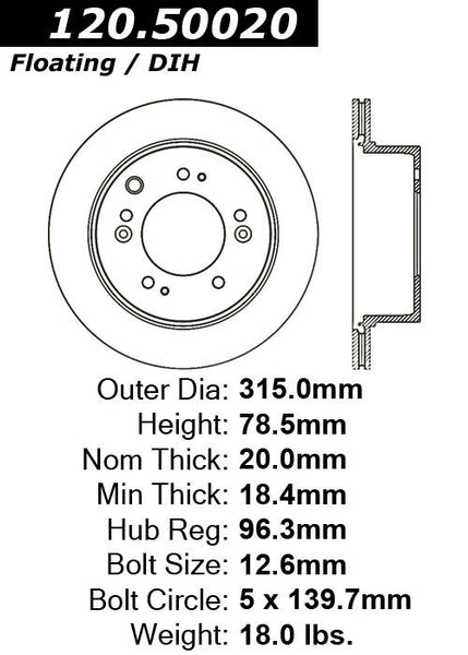 Centric Premium Rear Pair Brake Rotors 2007-2009 Kia SORENTO - 120.50020 - (2009 2008 2007)