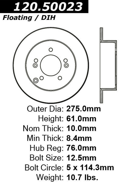 Centric Premium Rear Pair Brake Rotors 2007-2010 Kia RONDO - 120.50023 - (2010 2009 2008 2007)