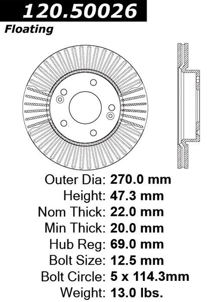 Centric Premium Front Pair Brake Rotors 2010-2010 Kia SOUL L4 1.6 [Rear Disc Brakes;]- 120.50026 - (2010)