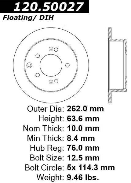 Centric Premium Rear Pair Brake Rotors 2010-2010 Kia SOUL [Rear Disc Brakes;]- 120.50027 - (2010)