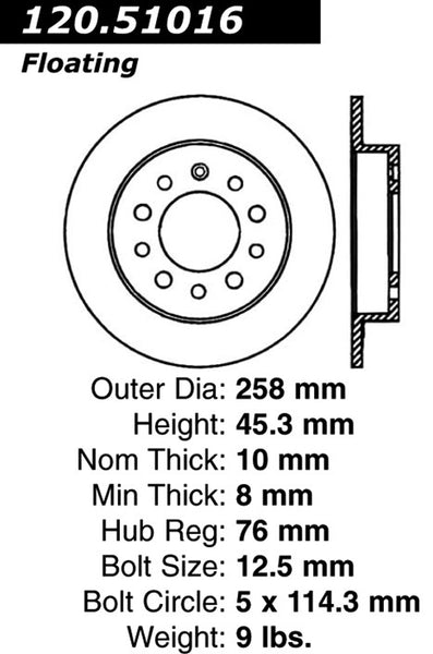 Centric Premium Rear Pair Brake Rotors 2007-2008 Hyundai TIBURON V6 2.7 [4-Speed Trans; 258mm dia]- 120.51016 - (2008 2007)