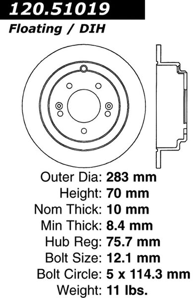 Centric Premium Rear Pair Brake Rotors 2004-2006 Kia AMANTI - 120.51019 - (2006 2005 2004)