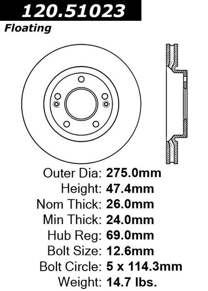 Centric Premium Front Pair Brake Rotors 2009-2010 Hyundai ELANTRA [Sedan;]- 120.51023 - (2010 2009)