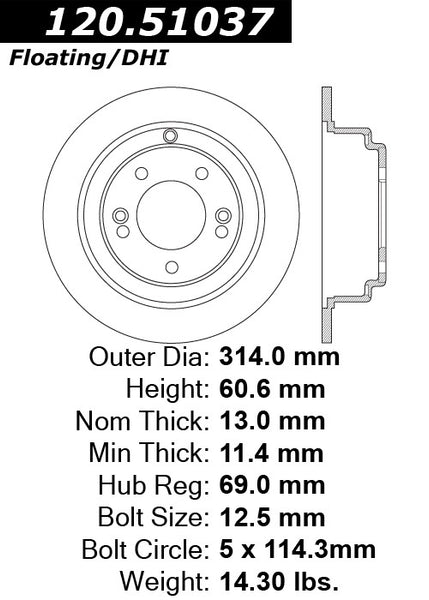 Centric Premium Rear Pair Brake Rotors 2010-2014 Hyundai GENESIS COUPE 2.0T - 120.51037 - (2014 2013 2012 2011 2010)