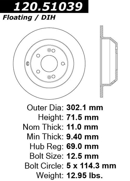 Centric Premium Rear Pair Brake Rotors 2011-2014 Kia SORENTO - 120.51039 - (2014 2013 2012 2011)