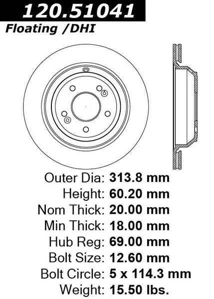 Centric Premium Rear Pair Brake Rotors 2011-2016 Hyundai EQUUS - 120.51041 - (2016 2015 2014 2013 2012 2011)