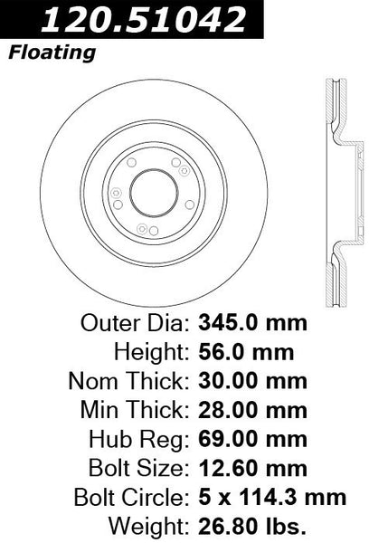 Centric Premium Front Pair Brake Rotors 2012-2012 Hyundai GENESIS V8 4.6 - 120.51042 - (2012)