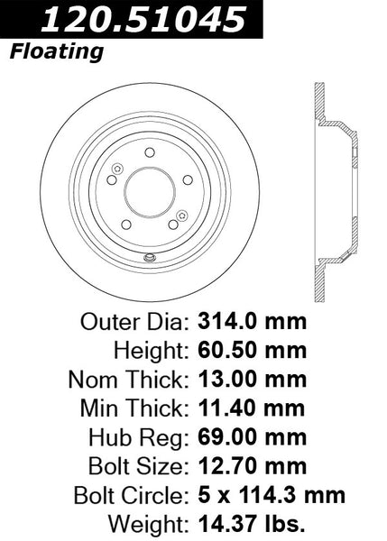 Centric Premium Rear Pair Brake Rotors 2011-2016 Hyundai GENESIS - 120.51045 - (2016 2015 2014 2013 2012 2011)