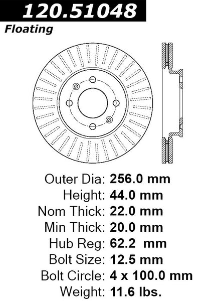 Centric Premium Front Pair Brake Rotors 2012-2016 Kia RIO LX - 120.51048 - (2016 2015 2014 2013 2012)