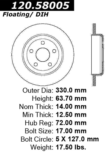 Centric Premium Rear Pair Brake Rotors 2012-2012 Jeep GRAND CHEROKEE OVERLAND SUMMIT [330mm Front Disc]- 120.58005 - (2012)