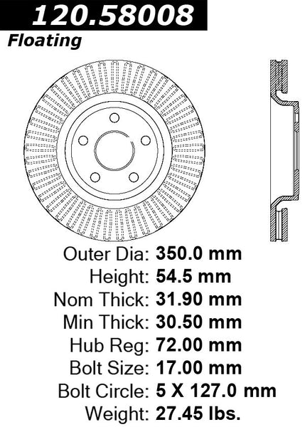 Centric Premium Front Pair Brake Rotors 2012-2015 Jeep GRAND CHEROKEE LIMITED [350mm Front Disc]- 120.58008 - (2015 2014 2013 2012)