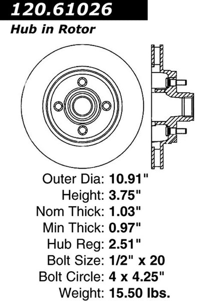 Centric Premium Front Pair Brake Rotors 1993-1993 Ford MUSTANG V8 5.0 [Rear Drum Brakes;]- 120.61026 - (1993)