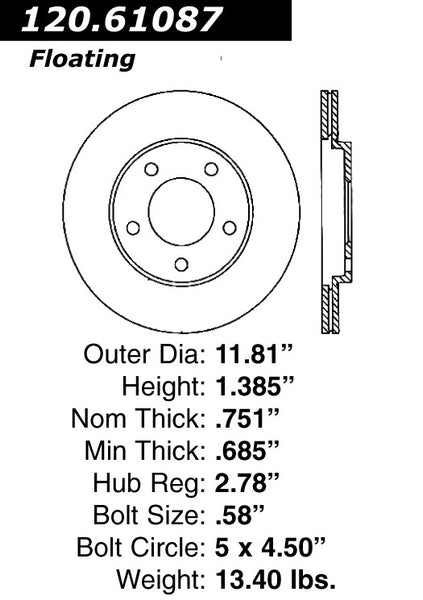 Centric Premium Rear Pair Brake Rotors 2013-2014 Ford MUSTANG V8 5.0 - 120.61087 - (2014 2013)