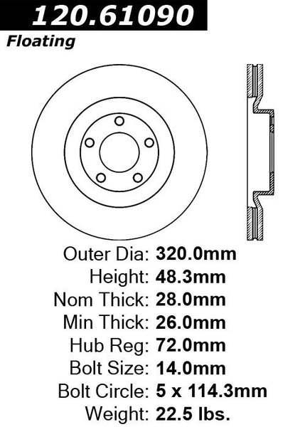 Centric Premium Front Pair Brake Rotors 2007-2008 Lincoln MKX [320mm Front Disc]- 120.61090 - (2008 2007)