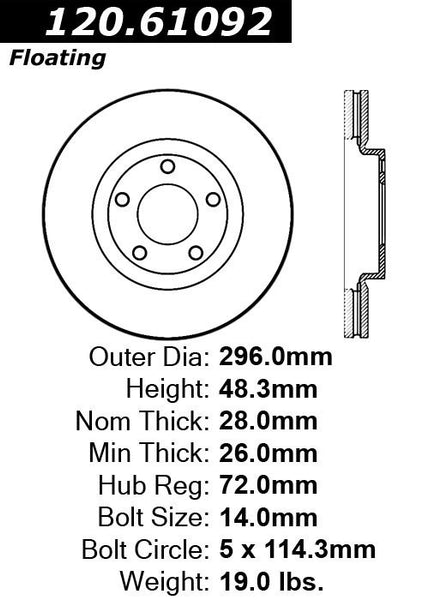 Centric Premium Front Pair Brake Rotors 2007-2008 Lincoln MKX [296mm Front Disc]- 120.61092 - (2008 2007)