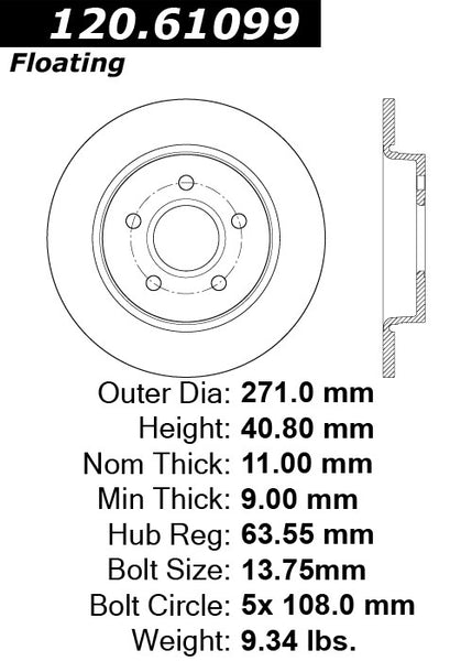 Centric Premium Rear Pair Brake Rotors 2013-2016 Ford FOCUS ELECTRIC [Rear Disc Brakes;]- 120.61099 - (2016 2015 2014 2013)