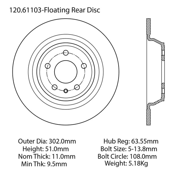 Centric Premium Rear Pair Brake Rotors 2013-2016 Lincoln MKZ - 120.61103 - (2016 2015 2014 2013)