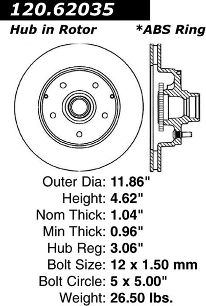 Centric Premium Front Pair Brake Rotors 1992-1992 Cadillac COMMERCIAL CHASSIS [RWD; 2" Wide Rear Shoe]- 120.62035 - (1992)