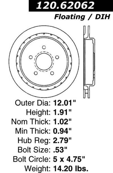 Centric Premium Rear Pair Brake Rotors 2008-2009 Cadillac XLR PLATINUM - 120.62062 - (2009 2008)