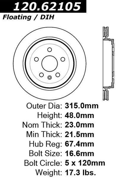 Centric Premium Rear Pair Brake Rotors 2010-2013 Cadillac CTS PERFORMANCE [315mm Front & Rear Disc]- 120.62105 - (2013 2012 2011 2010)