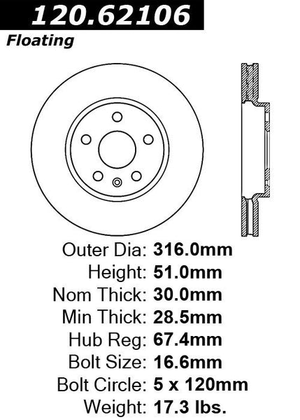 Centric Premium Front Pair Brake Rotors 2012-2012 Cadillac CTS V6 3.6 [315mm Front & Rear Disc]- 120.62106 - (2012)