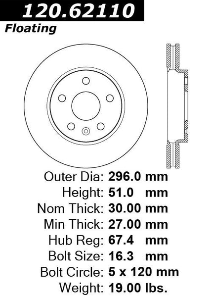 Centric Premium Front Pair Brake Rotors 2011-2016 Buick REGAL [296mm Front Disc]- 120.62110 - (2016 2015 2014 2013 2012 2011)