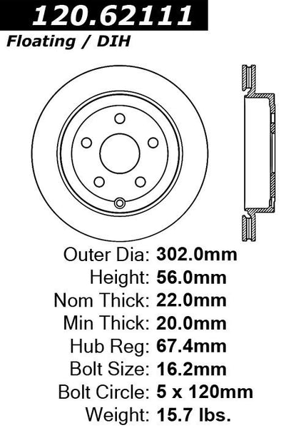 Centric Premium Rear Pair Brake Rotors 2008-2009 Pontiac G8 V6 3.6 [302mm dia]- 120.62111 - (2009 2008)