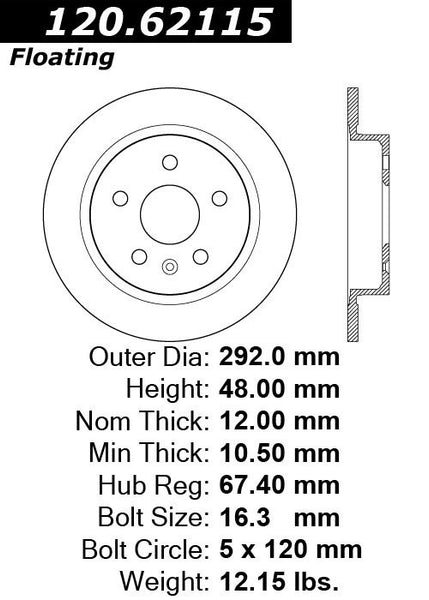 Centric Premium Rear Pair Brake Rotors 2013-2016 Chevrolet MALIBU [296mm Front Disc & Solid Rear Disc]- 120.62115 - (2016 2015 2014 2013)