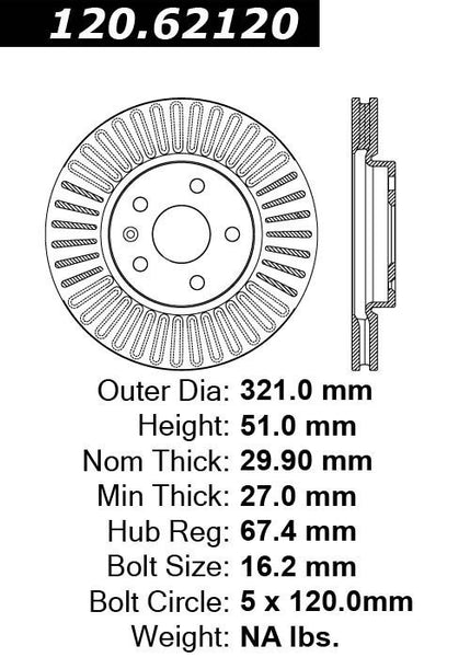 Centric Premium Front Pair Brake Rotors 2010-2015 Chevrolet CAMARO V6 3.6 - 120.62120 - (2015 2014 2013 2012 2011 2010)