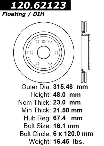 Centric Premium Rear Pair Brake Rotors 2010-2016 Cadillac SRX - 120.62123 - (2016 2015 2014 2013 2012 2011 2010)