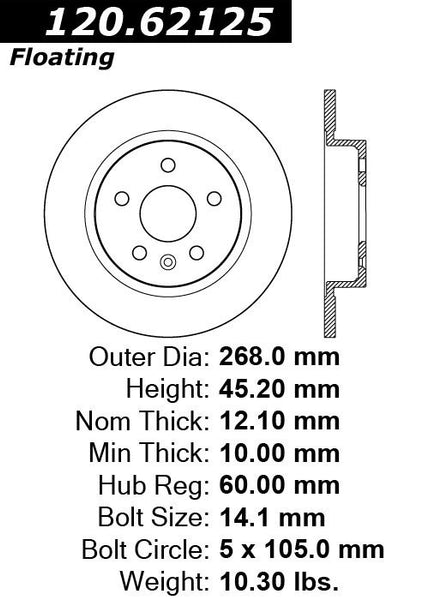 Centric Premium Rear Pair Brake Rotors 2014-2015 Chevrolet CRUZE [Rear Disc Brakes; 268mm Rear Disc]- 120.62125 - (2015 2014)