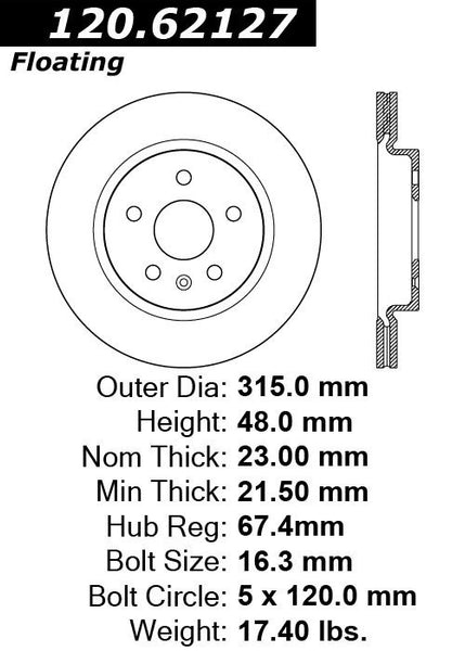 Centric Premium Rear Pair Brake Rotors 2011-2016 Buick REGAL [321mm Front Disc]- 120.62127 - (2016 2015 2014 2013 2012 2011)