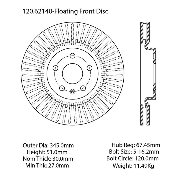 Centric Premium Front Pair Brake Rotors 2013-2016 Cadillac XTS [5 Lug]- 120.62140 - (2016 2015 2014 2013)