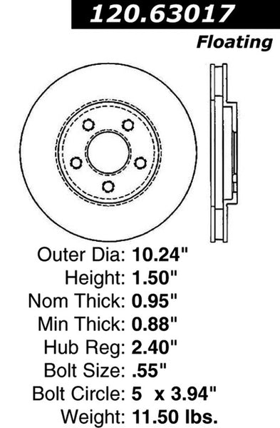 Centric Premium Front Pair Brake Rotors 1993-1995 Chrysler LEBARON [Rear Disc Brakes; 260mm Front Disc]- 120.63017 - (1995 1994 1993)