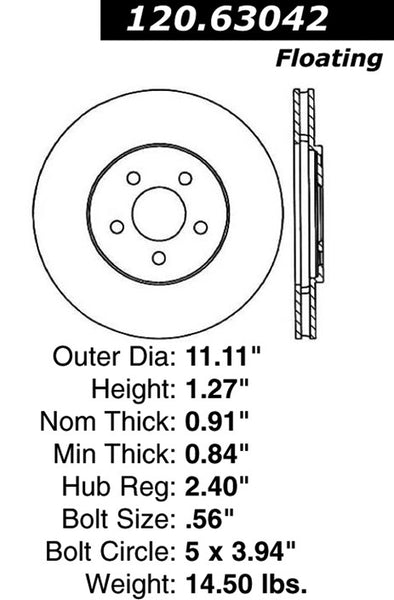 Centric Premium Front Pair Brake Rotors 1995-2000 Dodge STRATUS [15" Whls]- 120.63042 - (2000 1999 1998 1997 1996 1995)