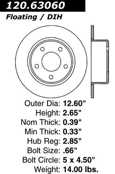 Centric Premium Rear Pair Brake Rotors 2014-2015 Chrysler 300 V6 3.6 [RWD; Excl Police Package]- 120.63060 - (2015 2014)