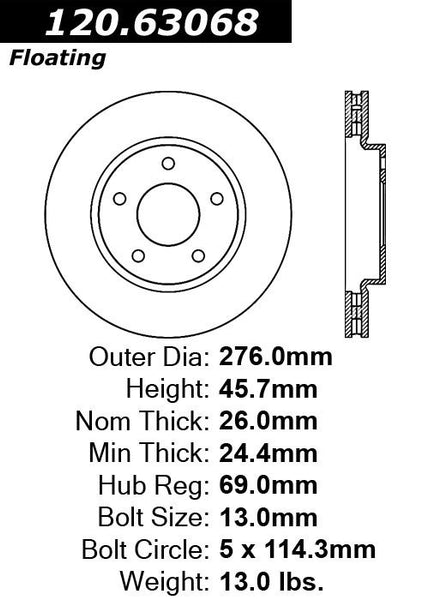 Centric Premium Front Pair Brake Rotors 2012-2012 Dodge CALIBER - 120.63068 - (2012)