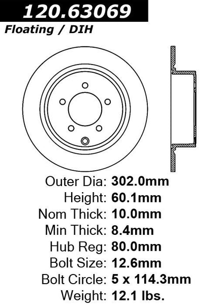 Centric Premium Rear Pair Brake Rotors 2010-2011 Dodge CALIBER L4 2.4 - 120.63069 - (2011 2010)