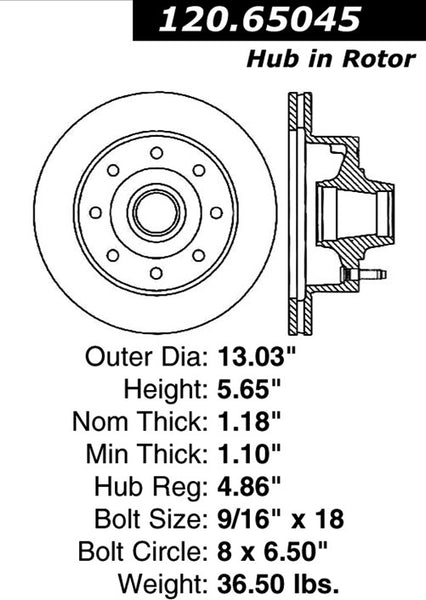 Centric Premium Front Pair Brake Rotors 1999-1999 Ford E-250 ECONOLINE [To 12/99 Production Date; 2-Wheel ABS;]- 120.65045 - (1999)