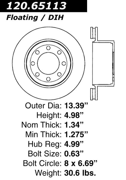 Centric Premium Rear Pair Brake Rotors 2011-2012 Ford F-350 SUPER DUTY [Front 7/25/11 - To 10/21/12]- 120.65113 - (2012 2011)