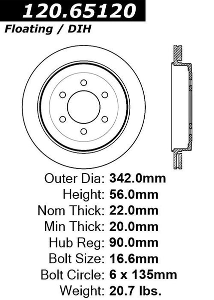 Centric Premium Rear Pair Brake Rotors 2007-2016 Lincoln NAVIGATOR - 120.65120 - (2016 2015 2014 2013 2012 2011 2010 2009 2008 2007)