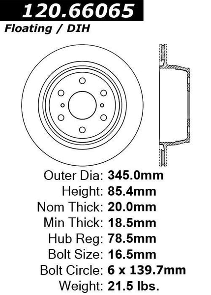 Centric Premium Rear Pair Brake Rotors 2008-2008 Cadillac ESCALADE ESV [Front Bracket Cast# 351C/352C]- 120.66065 - (2008)