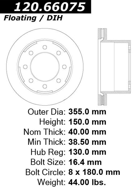 Centric Premium Rear Pair Brake Rotors 2011-2016 GMC SIERRA 3500 HD [DRW]- 120.66075 - (2016 2015 2014 2013 2012 2011)