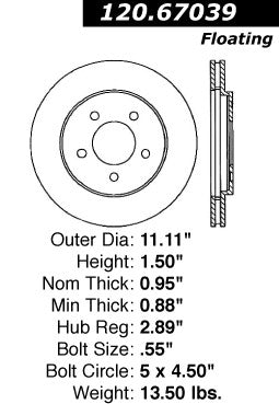 Centric Premium Front Pair Brake Rotors 1991-2000 Dodge GRAND CARAVAN [FWD; 282mm Front Disc]- 120.67039 - (2000 1999 1998 1997 1996 1995 1994 1993 1992 1991)