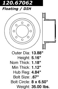 Centric Premium Rear Pair Brake Rotors 2003-2008 Dodge RAM 3500 - 120.67062 - (2008 2007 2006 2005 2004 2003)